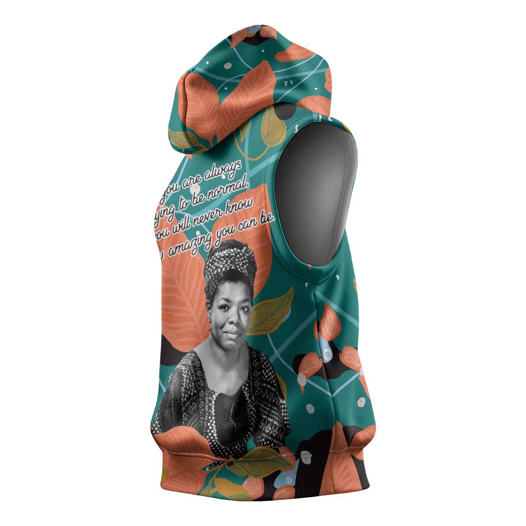 Maya Angelou Sleeveless Hoodie Inspirational Quote Design Vibrant Teal and Orange Leaf Motif - African Pride