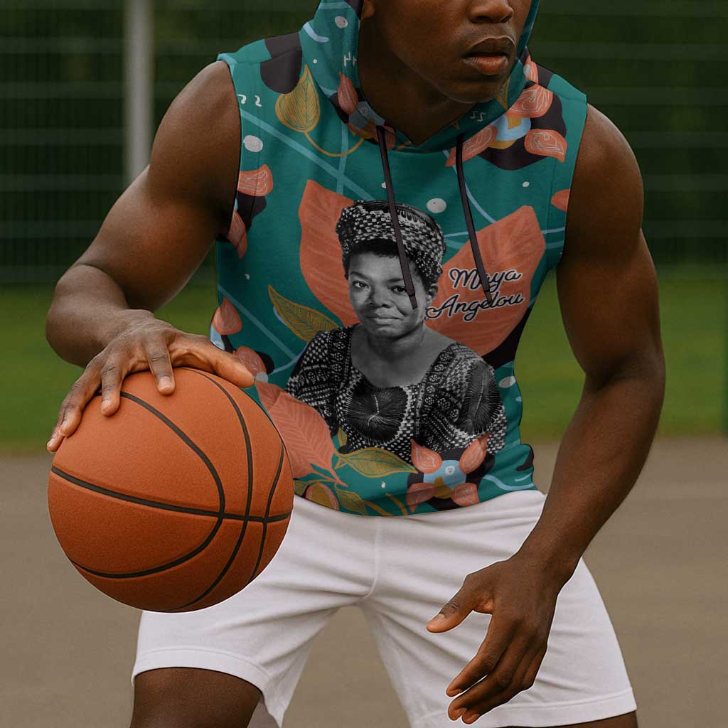 Maya Angelou Sleeveless Hoodie Inspirational Quote Design Vibrant Teal and Orange Leaf Motif - African Pride