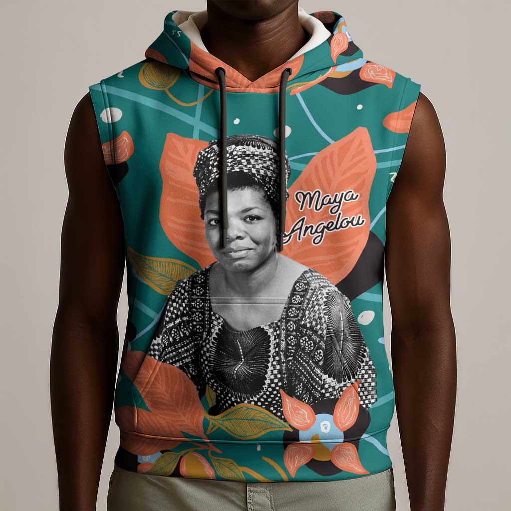 Maya Angelou Sleeveless Hoodie Inspirational Quote Design Vibrant Teal and Orange Leaf Motif - African Pride