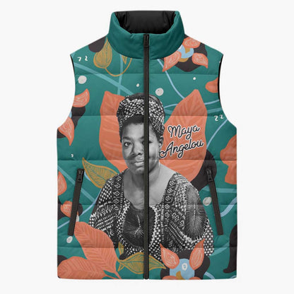 Maya Angelou Sleeveless Puffer Jacket Inspirational Quote Design Vibrant Teal and Orange Leaf Motif - African Pride