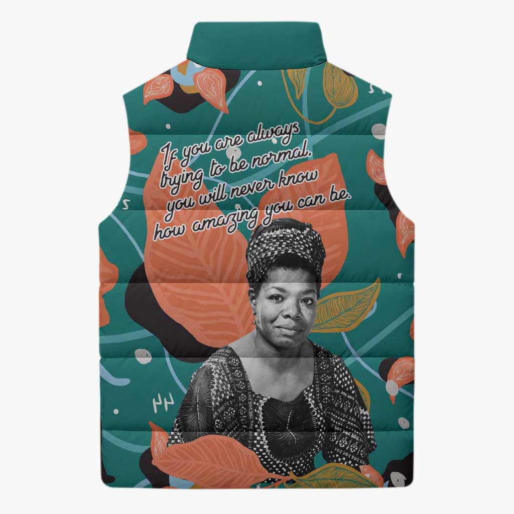 Maya Angelou Sleeveless Puffer Jacket Inspirational Quote Design Vibrant Teal and Orange Leaf Motif - African Pride