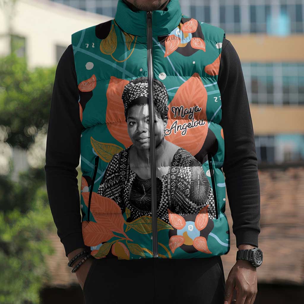 Maya Angelou Sleeveless Puffer Jacket Inspirational Quote Design Vibrant Teal and Orange Leaf Motif - African Pride