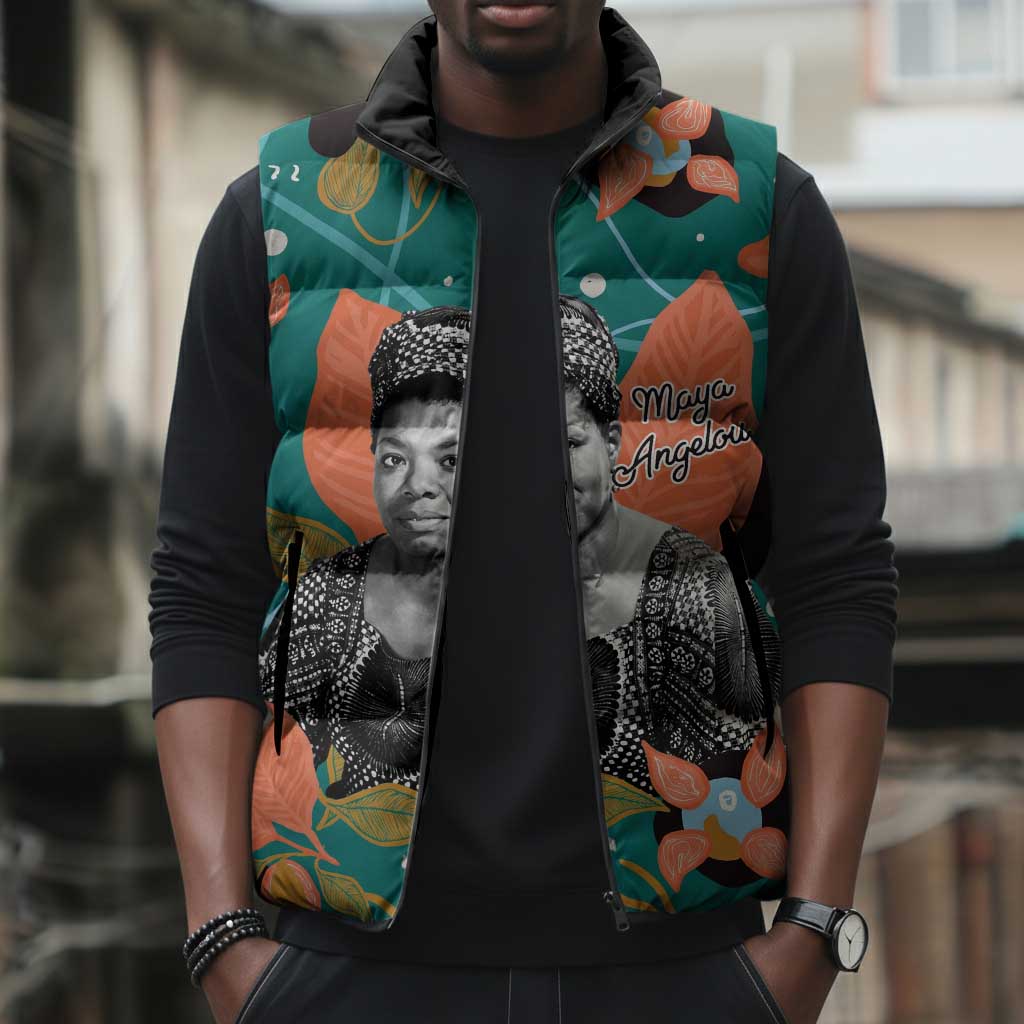 Maya Angelou Sleeveless Puffer Jacket Inspirational Quote Design Vibrant Teal and Orange Leaf Motif - African Pride