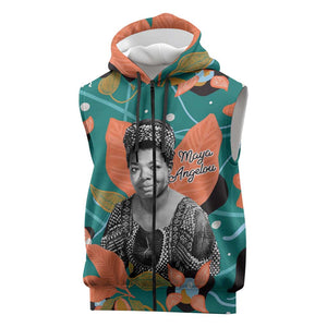 Maya Angelou Sleeveless Zip Hoodie Inspirational Quote Design Vibrant Teal and Orange Leaf Motif - African Pride