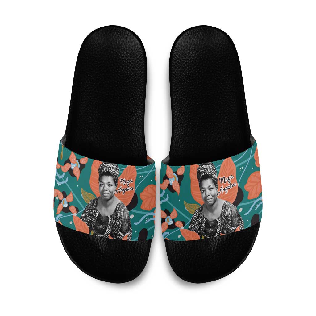 Maya Angelou Slide Sandals Inspirational Quote Design Vibrant Teal and Orange Leaf Motif - African Pride
