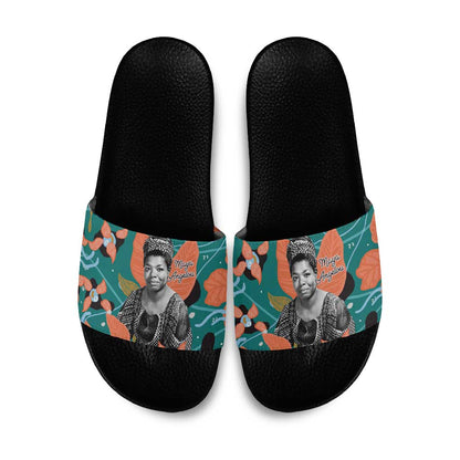 Maya Angelou Slide Sandals Inspirational Quote Design Vibrant Teal and Orange Leaf Motif - African Pride