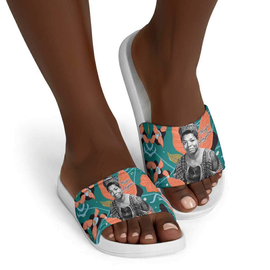 Maya Angelou Slide Sandals Inspirational Quote Design Vibrant Teal and Orange Leaf Motif - African Pride