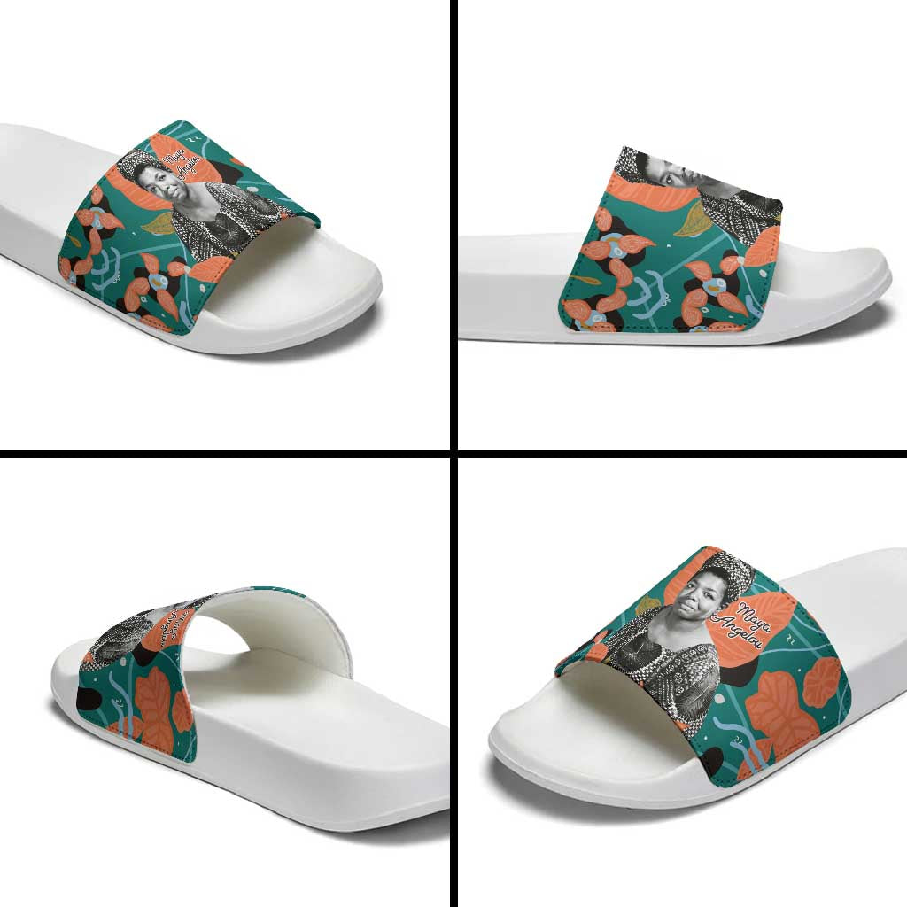 Maya Angelou Slide Sandals Inspirational Quote Design Vibrant Teal and Orange Leaf Motif - African Pride