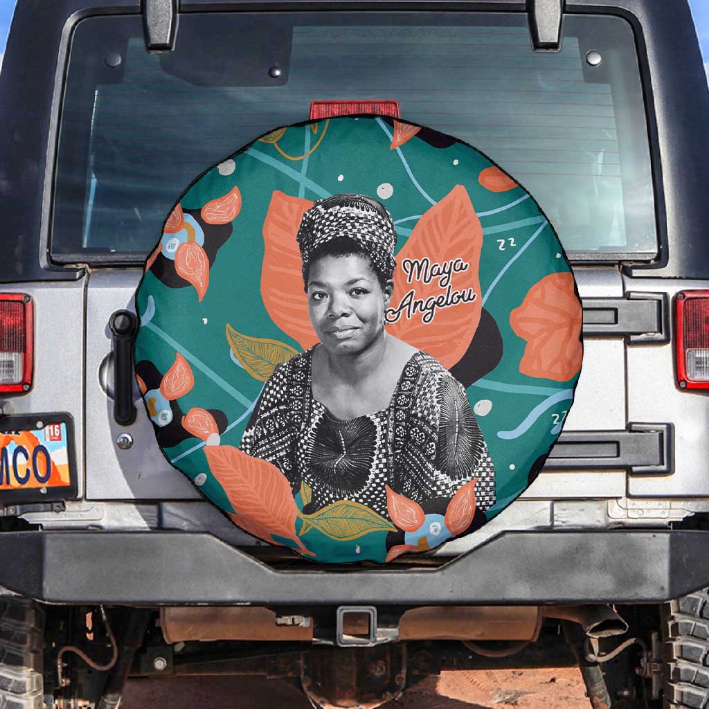 Maya Angelou Spare Tire Cover Inspirational Quote Design Vibrant Teal and Orange Leaf Motif - African Pride