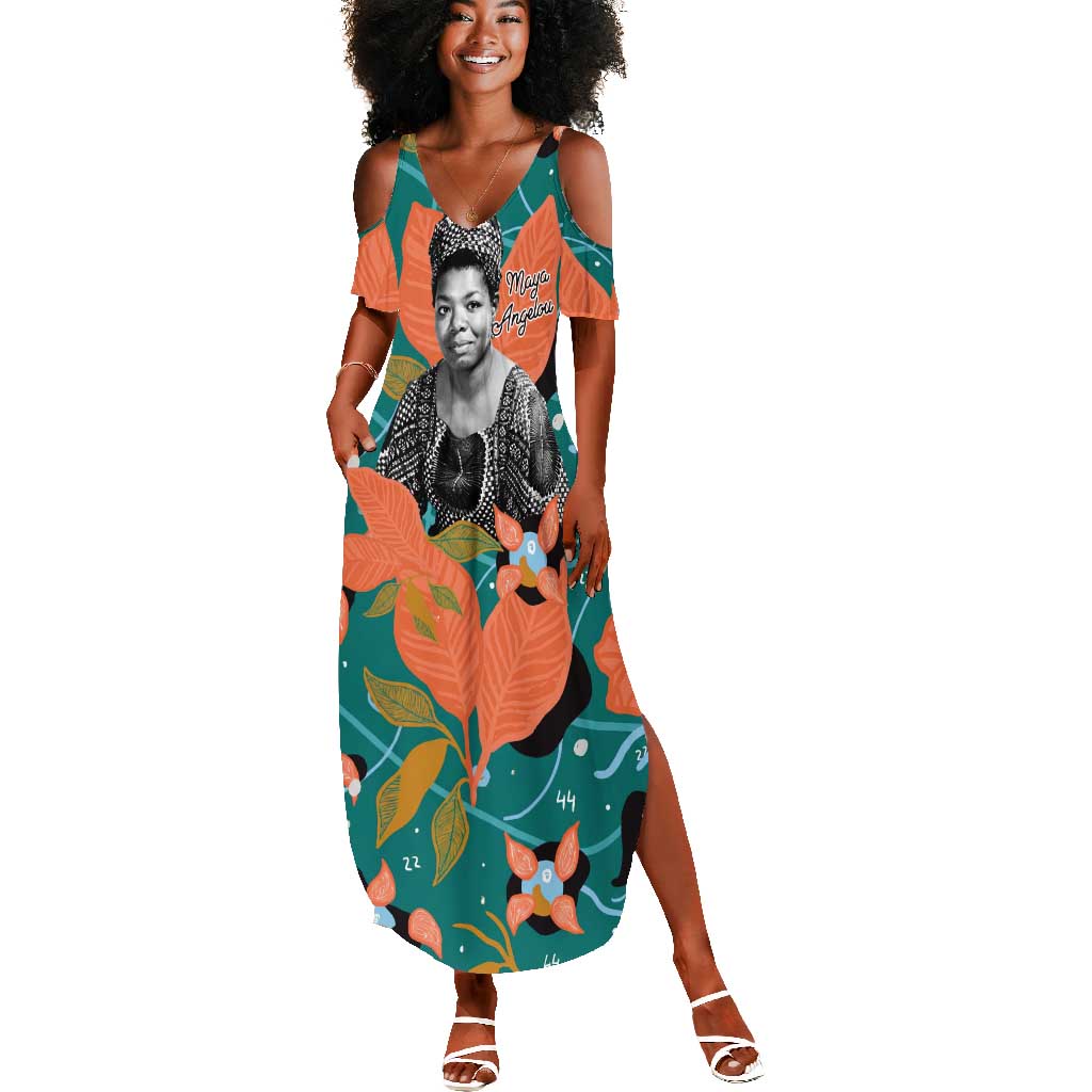 Maya Angelou Summer Maxi Dress Inspirational Quote Design Vibrant Teal and Orange Leaf Motif - African Pride