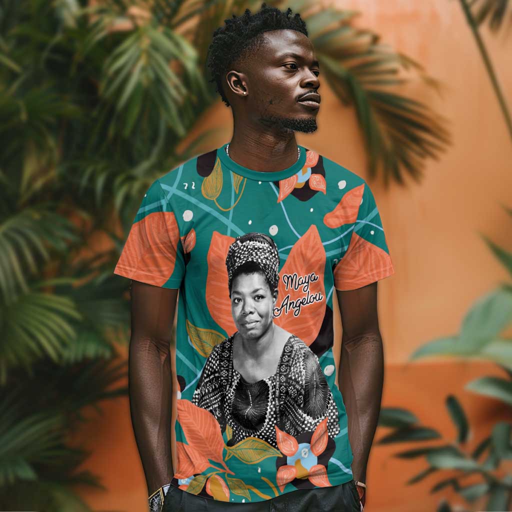 Maya Angelou T shirt Inspirational Quote Design Vibrant Teal and Orange Leaf Motif - African Pride