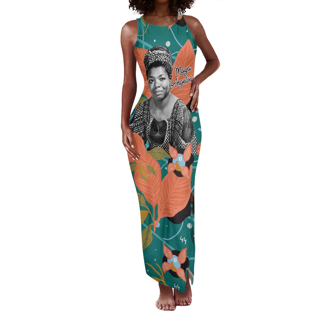 Maya Angelou Tank Maxi Dress Inspirational Quote Design Vibrant Teal and Orange Leaf Motif - African Pride