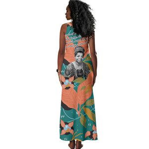 Maya Angelou Tank Maxi Dress Inspirational Quote Design Vibrant Teal and Orange Leaf Motif - African Pride