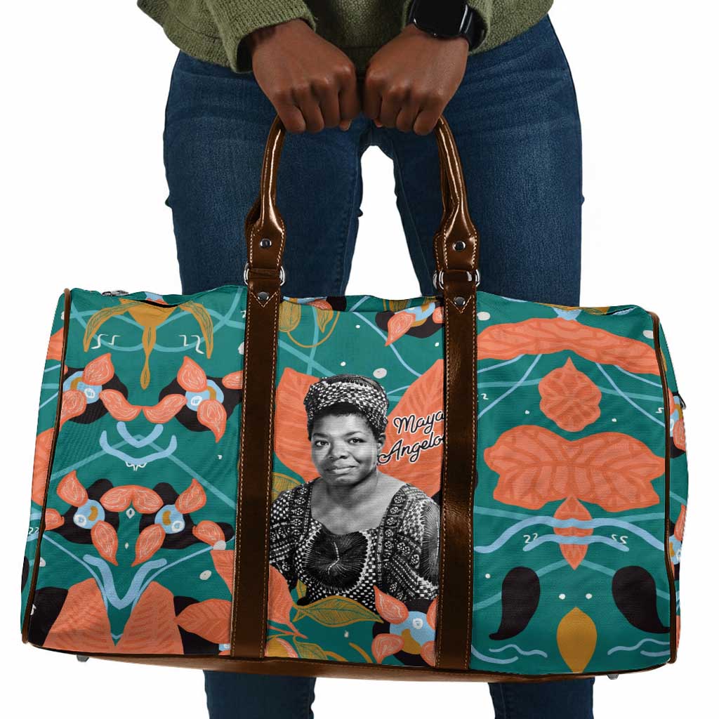 Maya Angelou Travel Bag Inspirational Quote Design Vibrant Teal and Orange Leaf Motif - African Pride