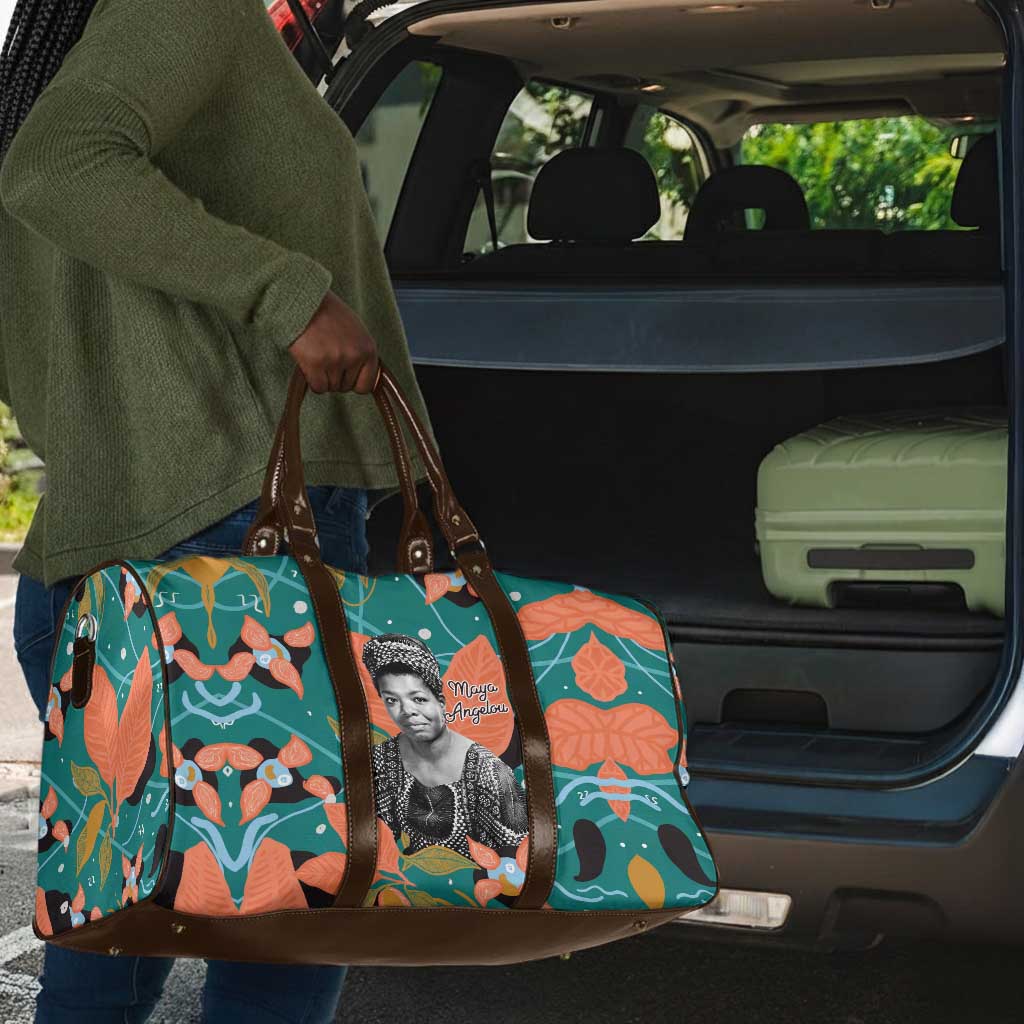 Maya Angelou Travel Bag Inspirational Quote Design Vibrant Teal and Orange Leaf Motif - African Pride