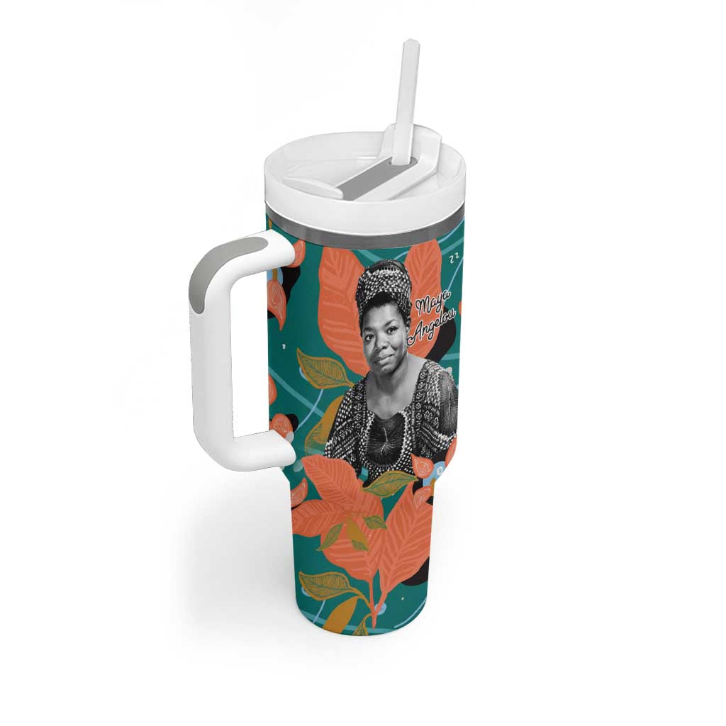 Maya Angelou Tumbler With Handle Inspirational Quote Design Vibrant Teal and Orange Leaf Motif - African Pride