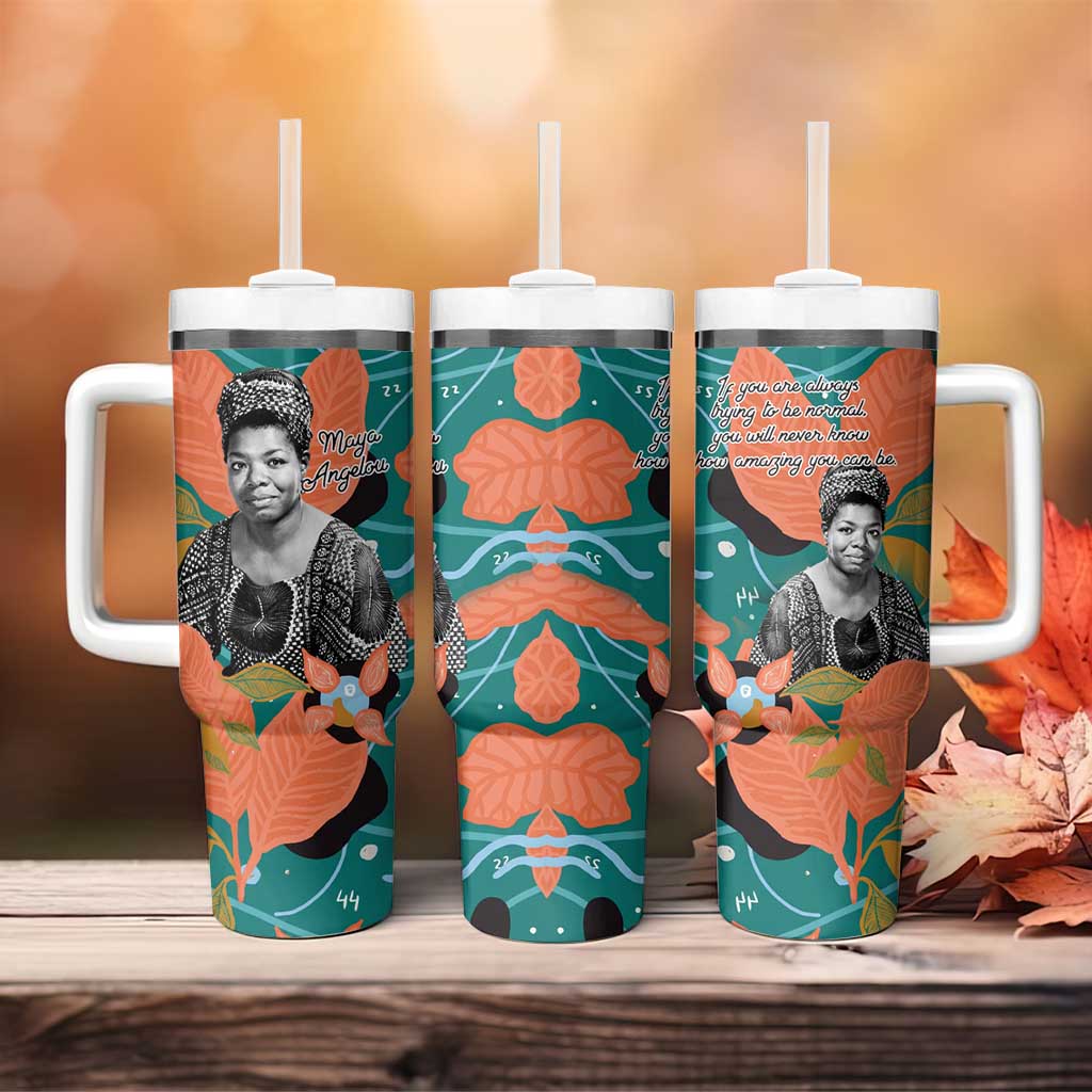 Maya Angelou Tumbler With Handle Inspirational Quote Design Vibrant Teal and Orange Leaf Motif - African Pride