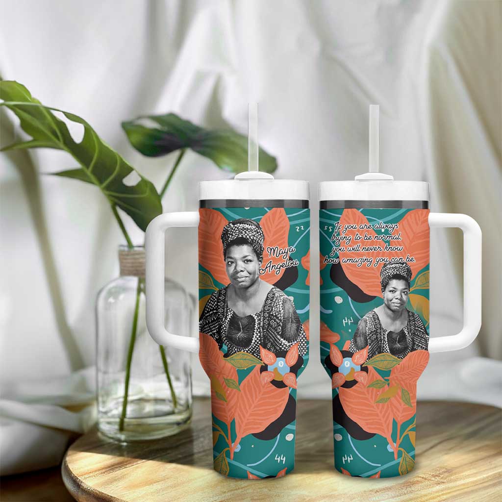 Maya Angelou Tumbler With Handle Inspirational Quote Design Vibrant Teal and Orange Leaf Motif - African Pride