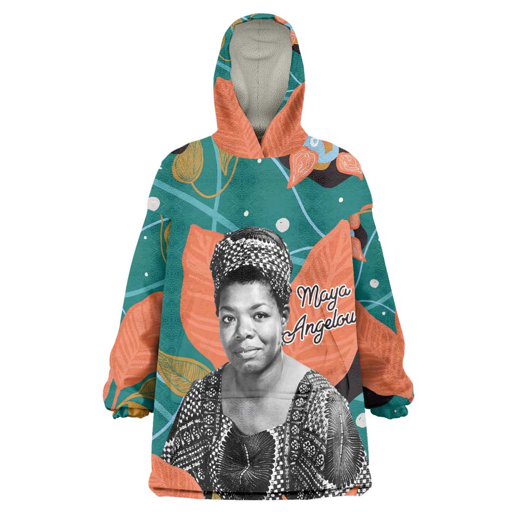 Maya Angelou Wearable Blanket Hoodie Inspirational Quote Design Vibrant Teal and Orange Leaf Motif - African Pride