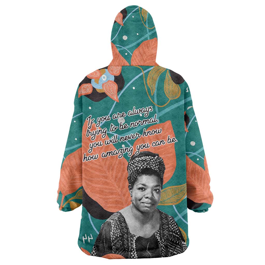 Maya Angelou Wearable Blanket Hoodie Inspirational Quote Design Vibrant Teal and Orange Leaf Motif - African Pride