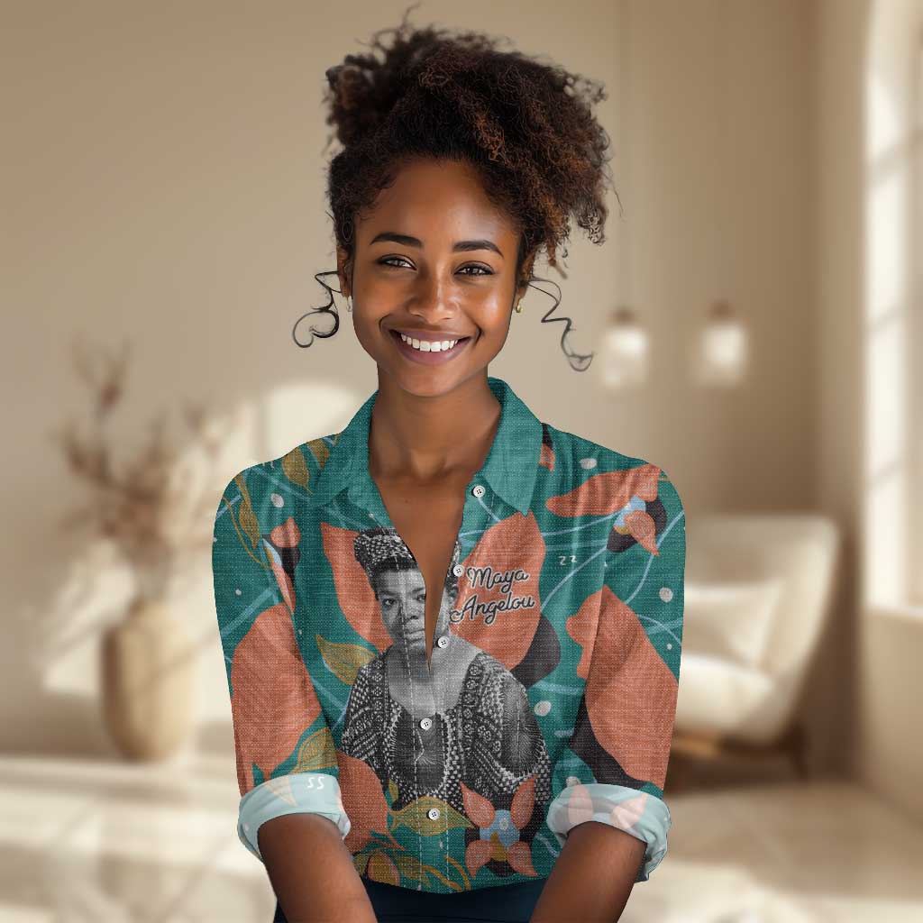 Maya Angelou Women Casual Shirt Inspirational Quote Design Vibrant Teal and Orange Leaf Motif - African Pride