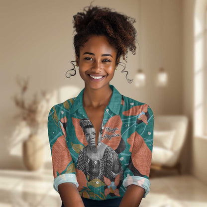 Maya Angelou Women Casual Shirt Inspirational Quote Design Vibrant Teal and Orange Leaf Motif - African Pride