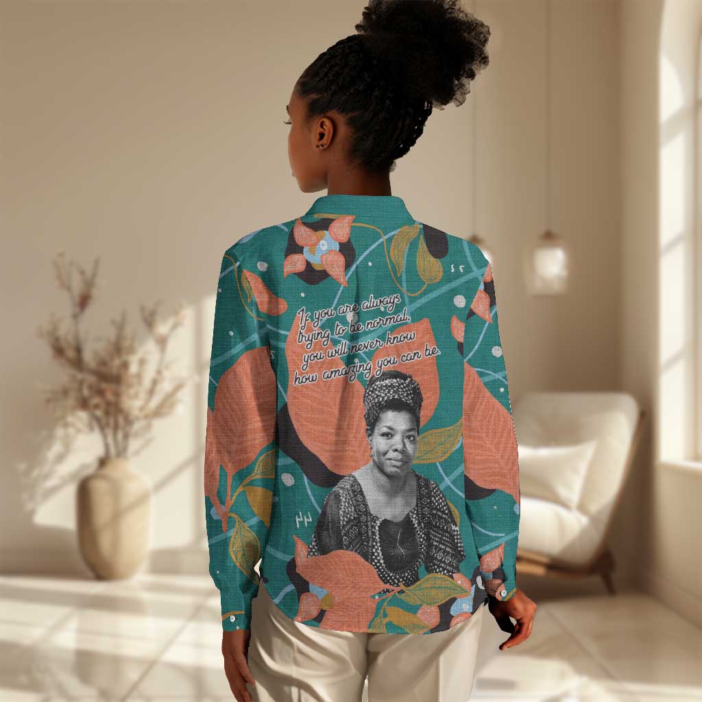 Maya Angelou Women Casual Shirt Inspirational Quote Design Vibrant Teal and Orange Leaf Motif - African Pride