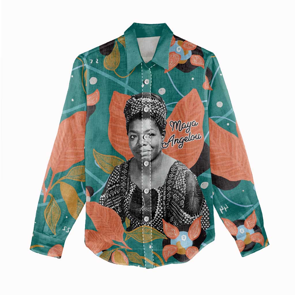 Maya Angelou Women Casual Shirt Inspirational Quote Design Vibrant Teal and Orange Leaf Motif - African Pride