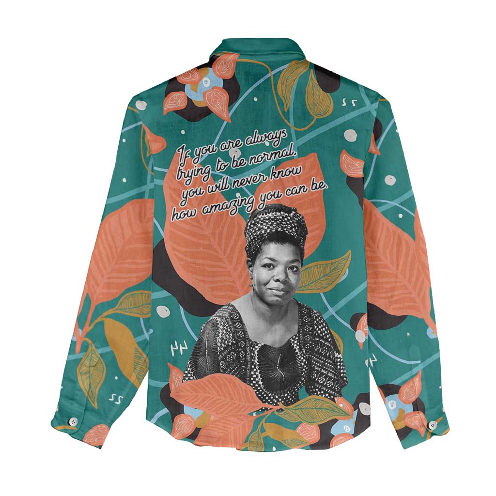 Maya Angelou Women Casual Shirt Inspirational Quote Design Vibrant Teal and Orange Leaf Motif - African Pride