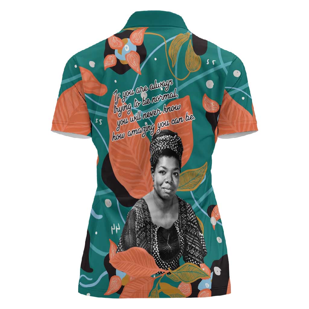 Maya Angelou Women Polo Shirt Inspirational Quote Design Vibrant Teal and Orange Leaf Motif - African Pride