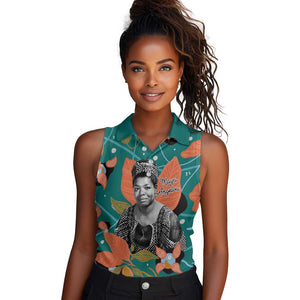 Maya Angelou Women Sleeveless Polo Shirt Inspirational Quote Design Vibrant Teal and Orange Leaf Motif - African Pride