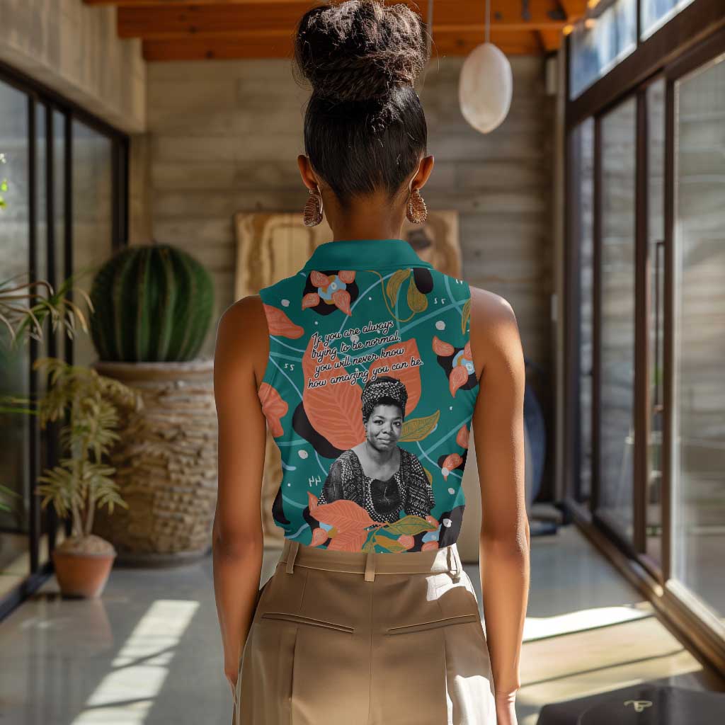 Maya Angelou Women Sleeveless Polo Shirt Inspirational Quote Design Vibrant Teal and Orange Leaf Motif - African Pride