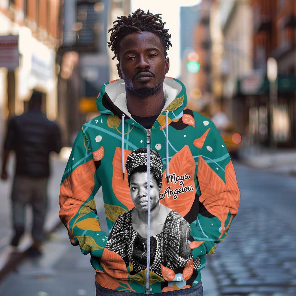 Maya Angelou Zip Hoodie Inspirational Quote Design Vibrant Teal and Orange Leaf Motif - African Pride