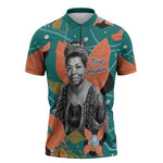Maya Angelou Zipper Polo Shirt Inspirational Quote Design Vibrant Teal and Orange Leaf Motif - African Pride