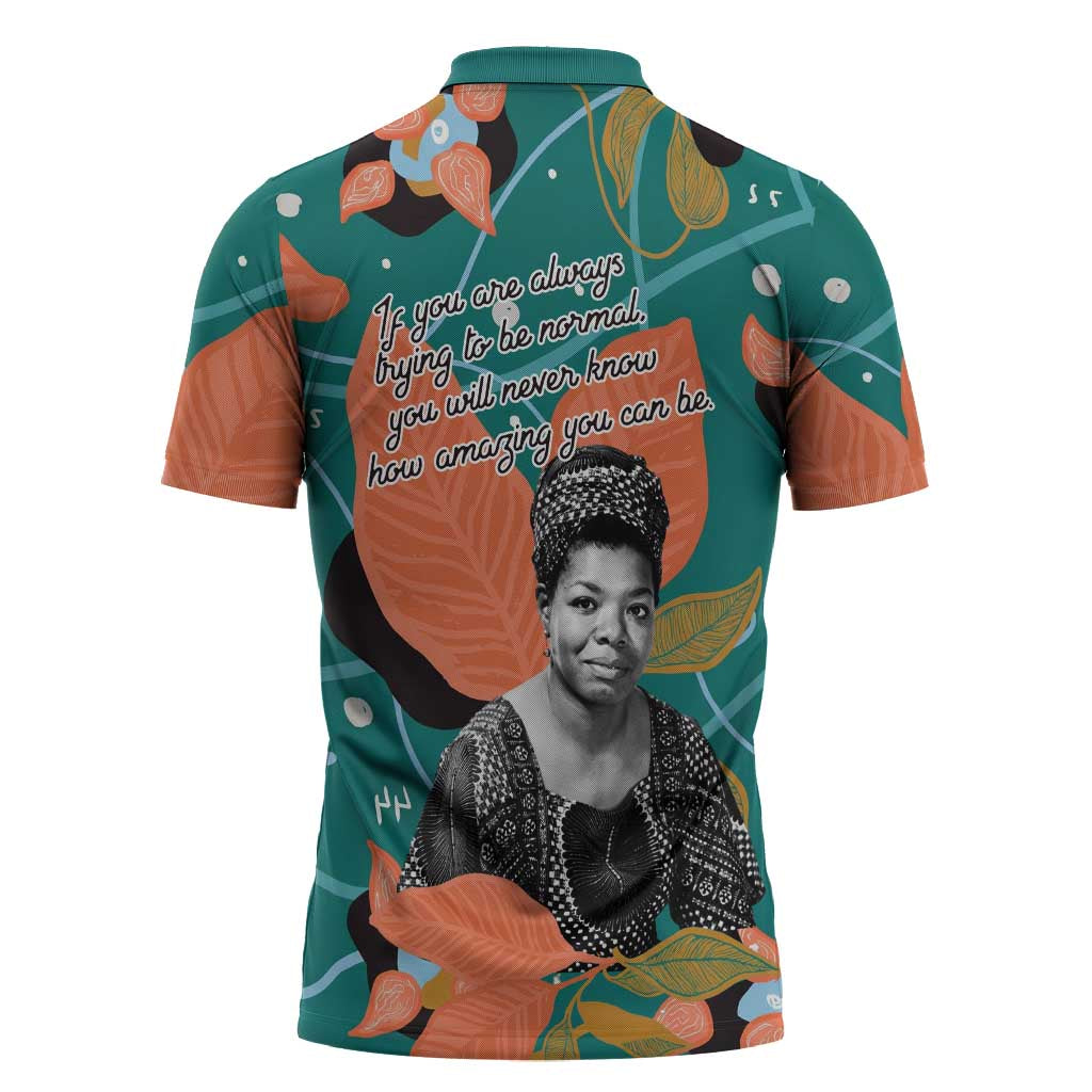 Maya Angelou Zipper Polo Shirt Inspirational Quote Design Vibrant Teal and Orange Leaf Motif - African Pride