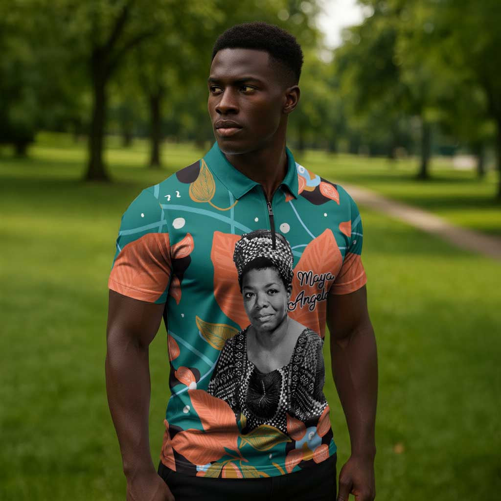 Maya Angelou Zipper Polo Shirt Inspirational Quote Design Vibrant Teal and Orange Leaf Motif - African Pride