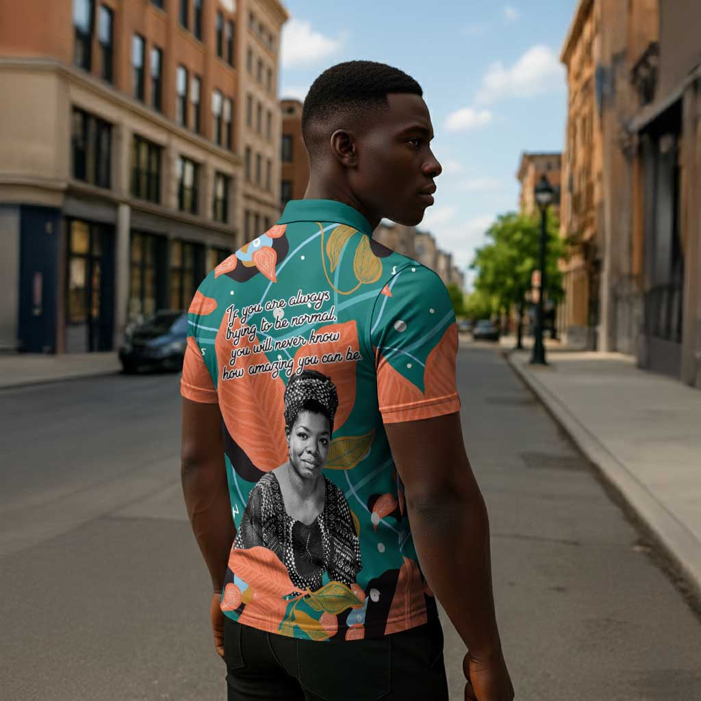 Maya Angelou Zipper Polo Shirt Inspirational Quote Design Vibrant Teal and Orange Leaf Motif - African Pride