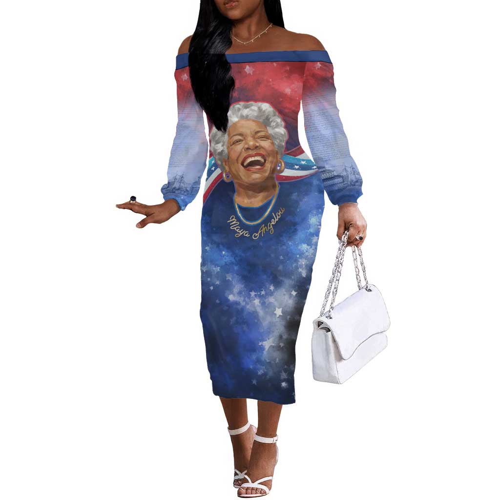 Maya Angelou Off The Shoulder Long Sleeve Dress Inspirational Life Mission Quote Celebration of Joy Passion and Compassion - African Pride