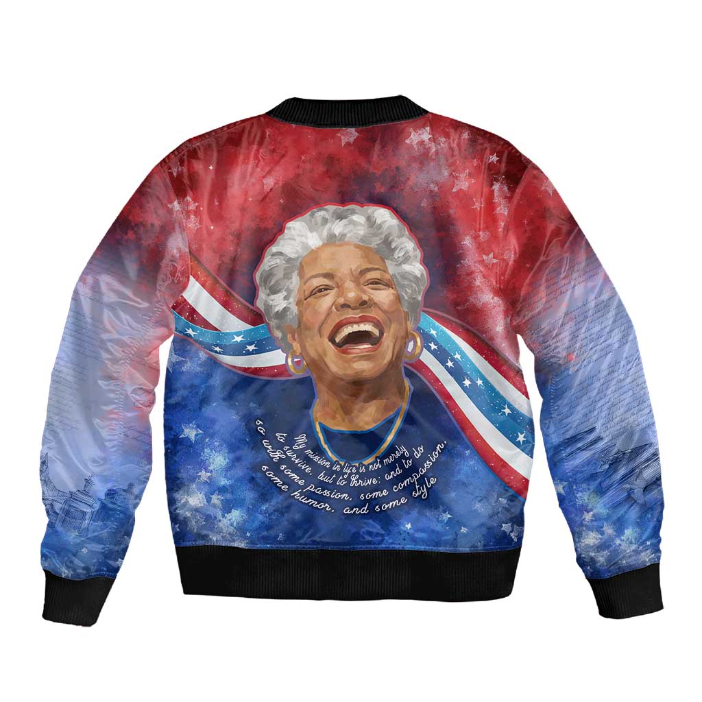 Maya Angelou Sleeve Zip Bomber Jacket Inspirational Life Mission Quote Celebration of Joy Passion and Compassion - African Pride
