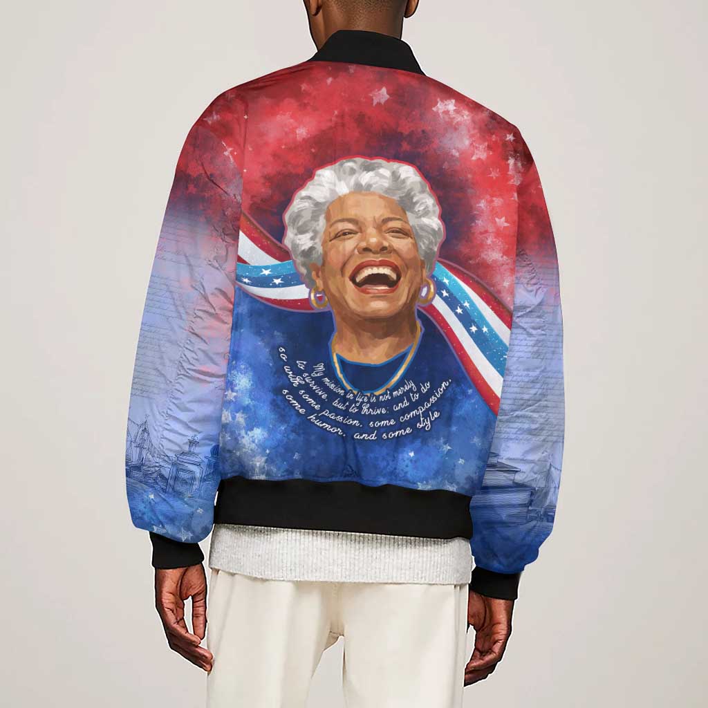 Maya Angelou Sleeve Zip Bomber Jacket Inspirational Life Mission Quote Celebration of Joy Passion and Compassion - African Pride