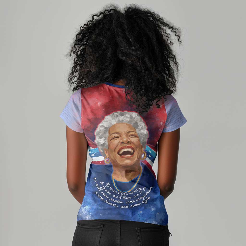 Maya Angelou Women V-Neck T-Shirt Inspirational Life Mission Quote Celebration of Joy Passion and Compassion - African Pride