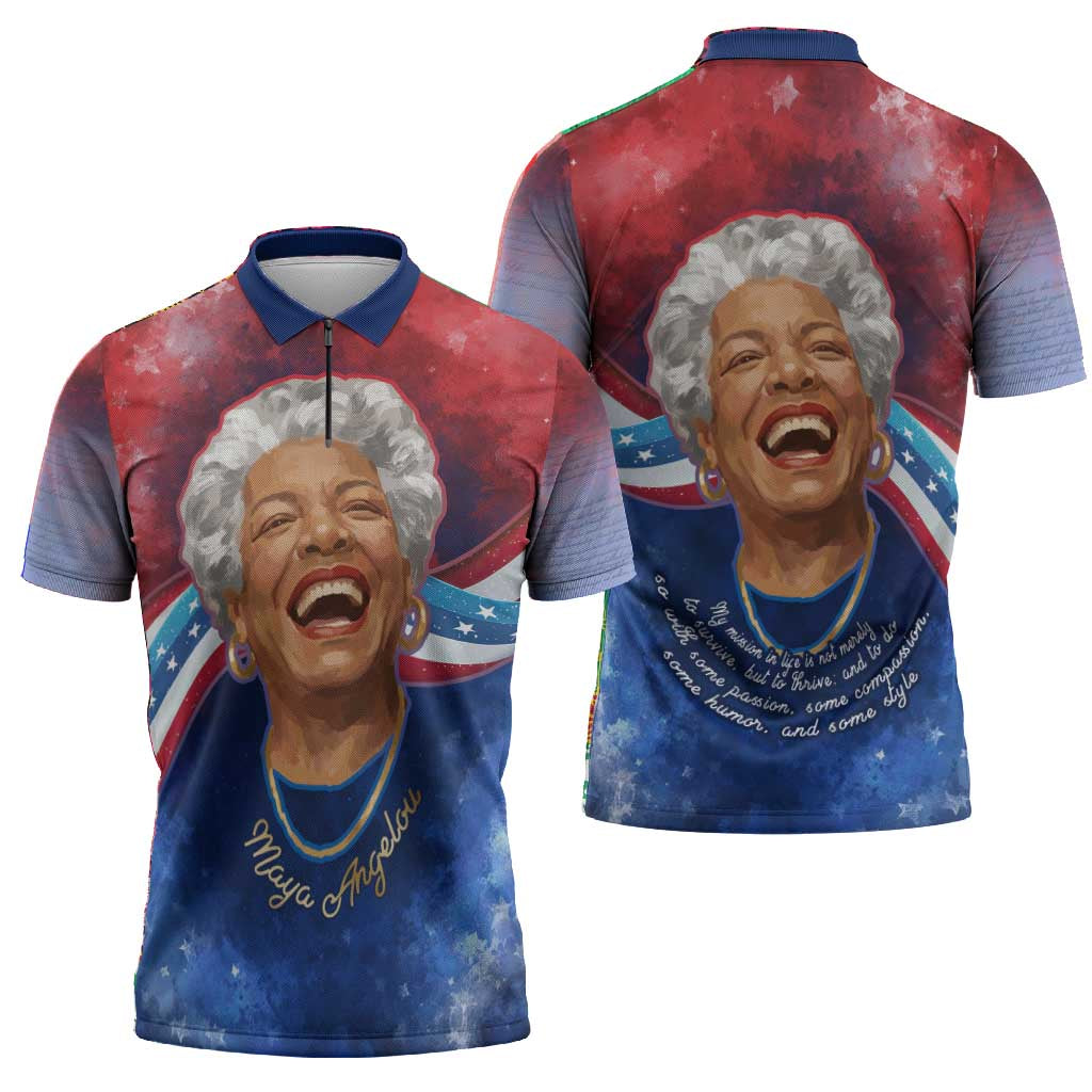 Maya Angelou Zipper Polo Shirt Inspirational Life Mission Quote Celebration of Joy Passion and Compassion - African Pride