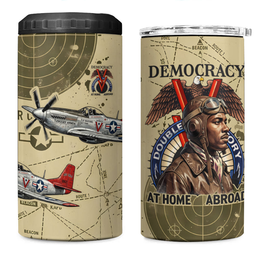 Double V Campaign Tuskegee Airmen 4 in 1 Can Cooler Tumbler Vintage Military Aviation P-51 Mustang World War II Art