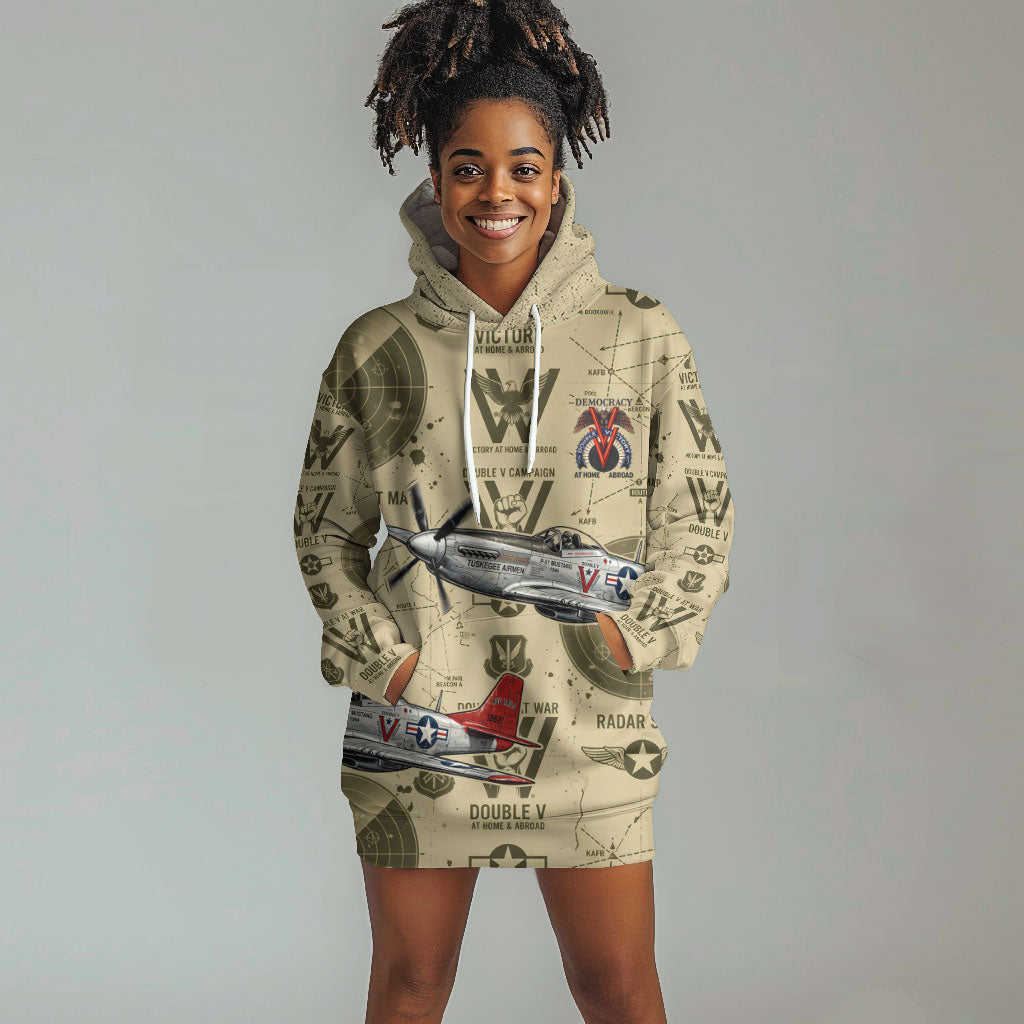 Double V Campaign Tuskegee Airmen Hoodie Dress Vintage Military Aviation P-51 Mustang World War II Art