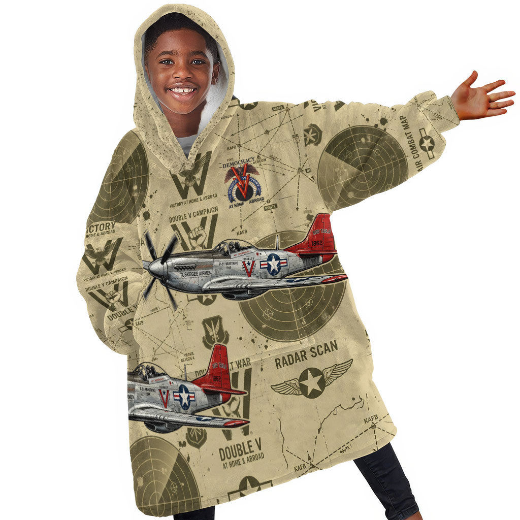 Double V Campaign Tuskegee Airmen Kid Wearable Blanket Hoodie Vintage Military Aviation P-51 Mustang World War II Art