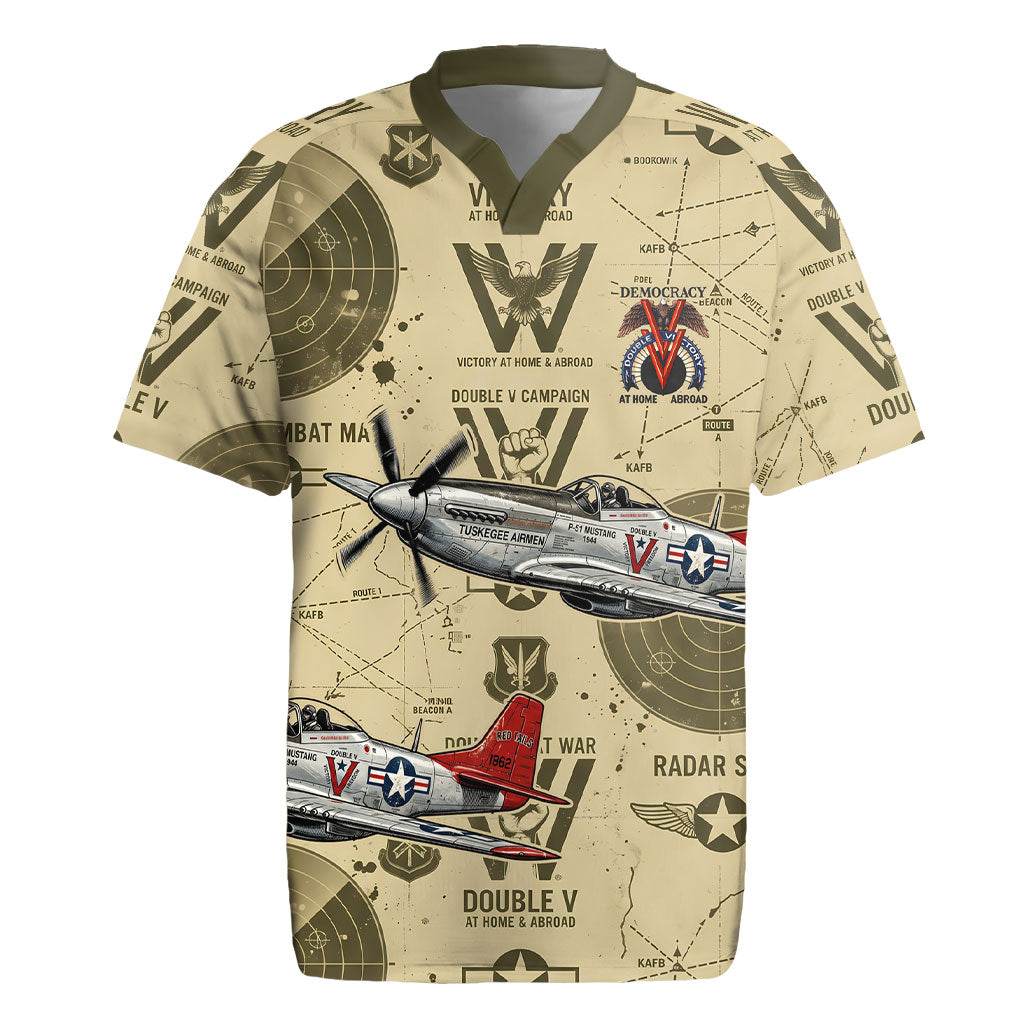 Double V Campaign Tuskegee Airmen Rugby Jersey Vintage Military Aviation P-51 Mustang World War II Art