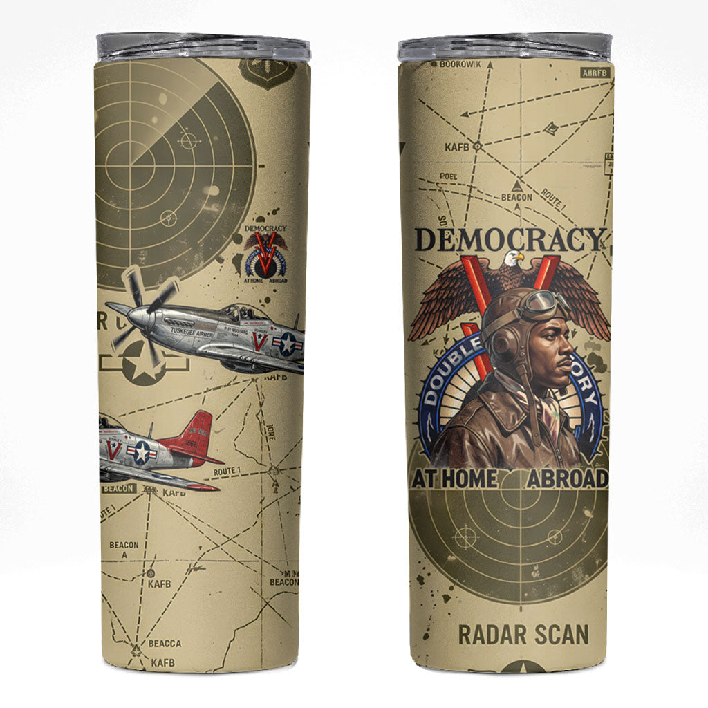 Double V Campaign Tuskegee Airmen Skinny Tumbler Vintage Military Aviation P-51 Mustang World War II Art
