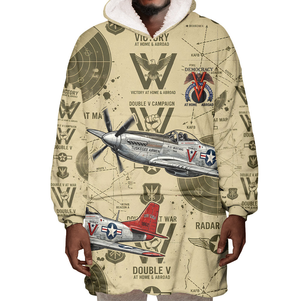 Double V Campaign Tuskegee Airmen Wearable Blanket Hoodie Vintage Military Aviation P-51 Mustang World War II Art