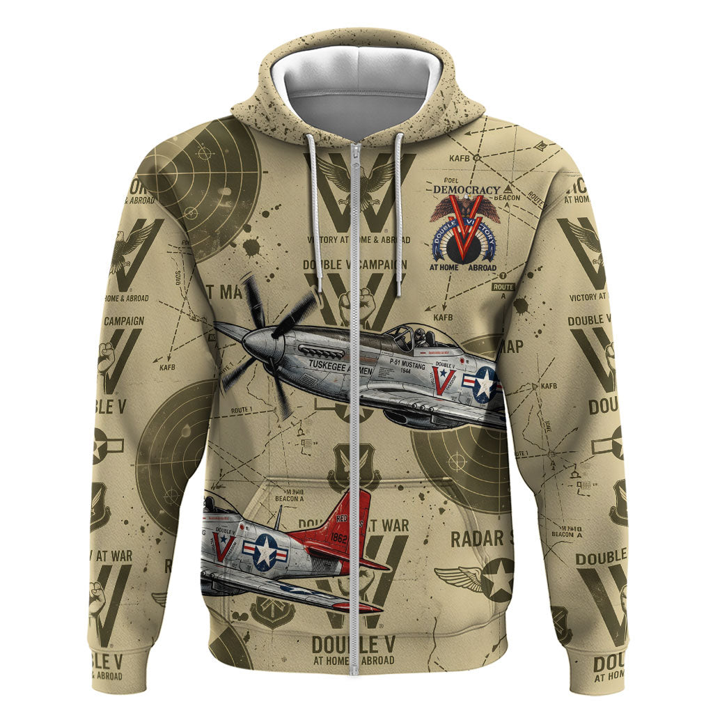 Double V Campaign Tuskegee Airmen Zip Hoodie Vintage Military Aviation P-51 Mustang World War II Art