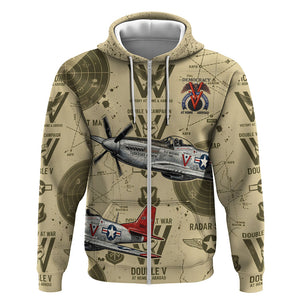 Double V Campaign Tuskegee Airmen Zip Hoodie Vintage Military Aviation P-51 Mustang World War II Art